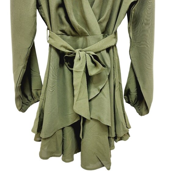 Green Long-Sleeve V-Neck Wrap Dress With Ruffle Hem & Tie Waist - Size L - Picture 7 of 12